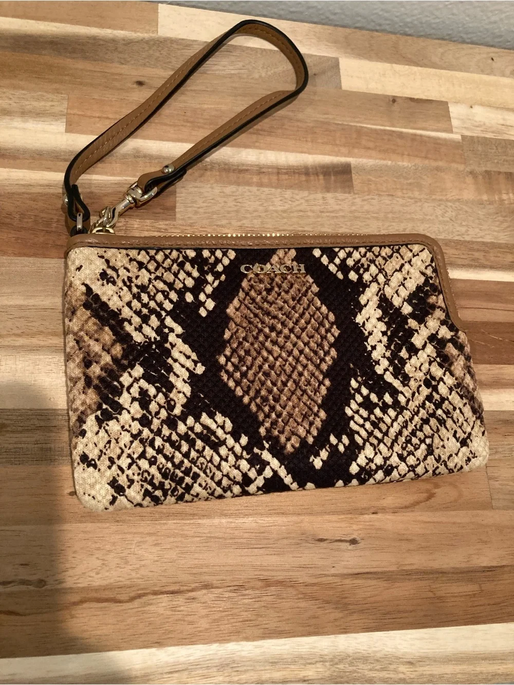 COACH Brown & Tan Snake-Print Wristlet